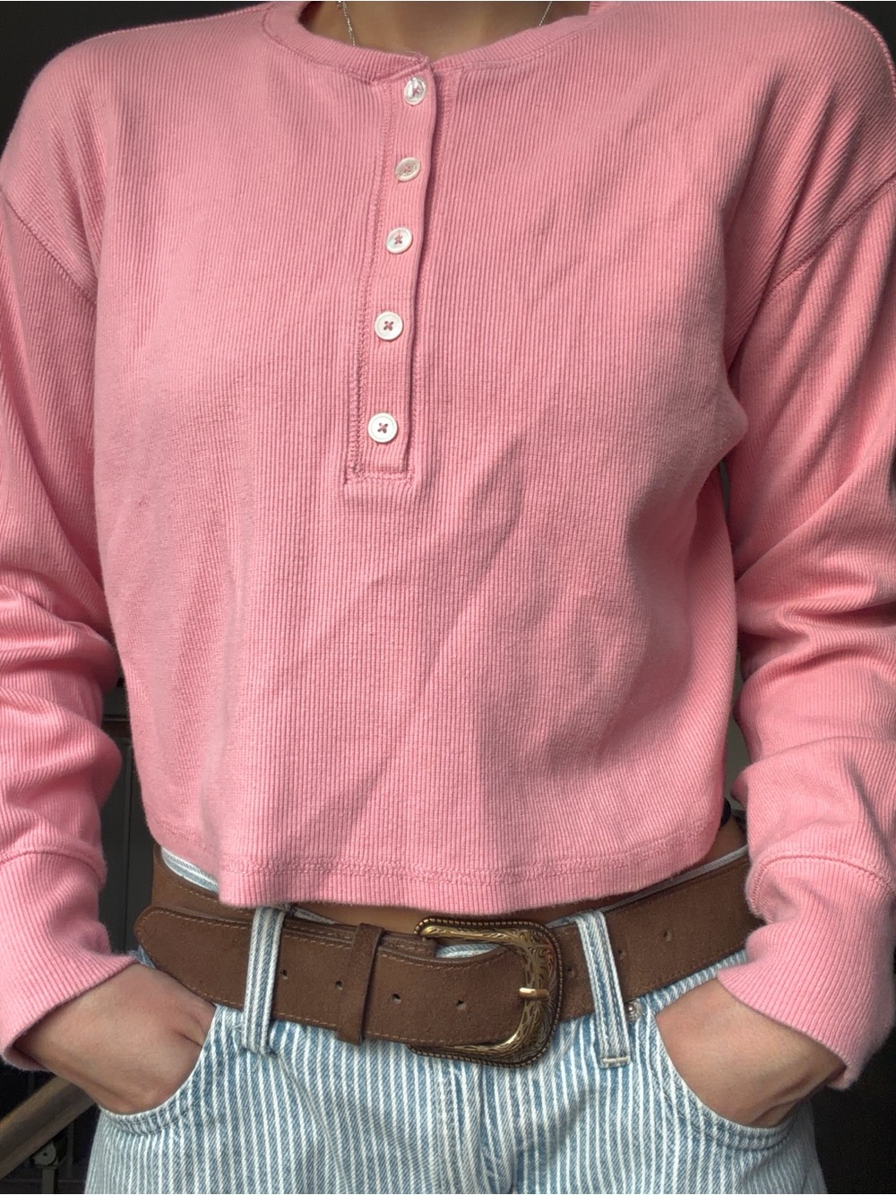 Cropped Pink Henley Long Sleeve Top